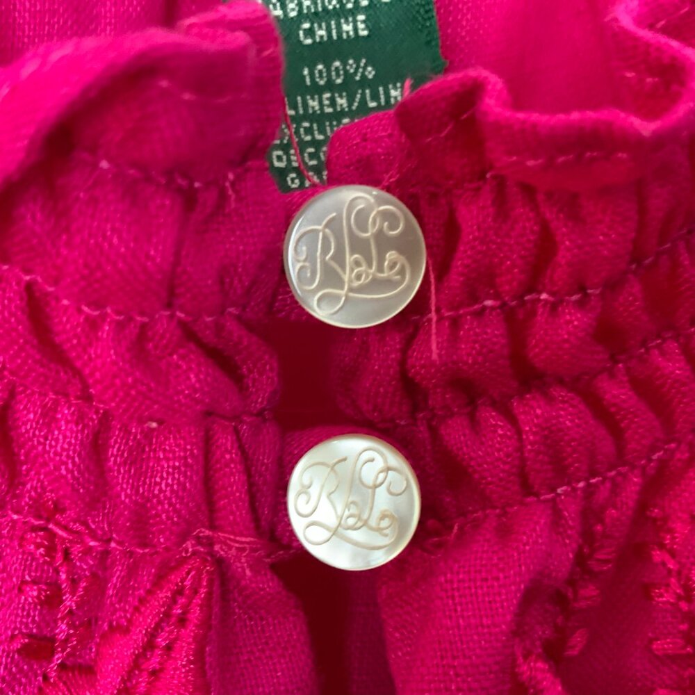 Lauren Ralph Lauren Fuschia Linen Peasant Embroidered Blouse Tie Waist Sz L - Picture 10 of 16